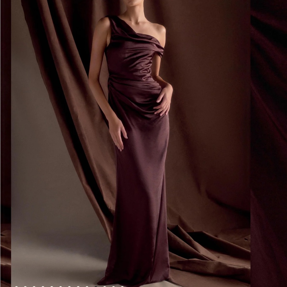 (Dry-Cleaned & Ready) Meshki One Shoulder Dress in Deep Brown Perfect Condition